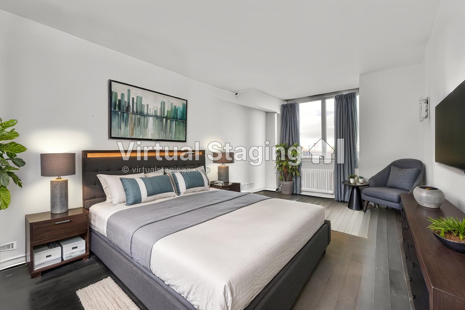 a bedroom with bed and a couch