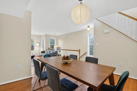 a view of a dining room and chairs