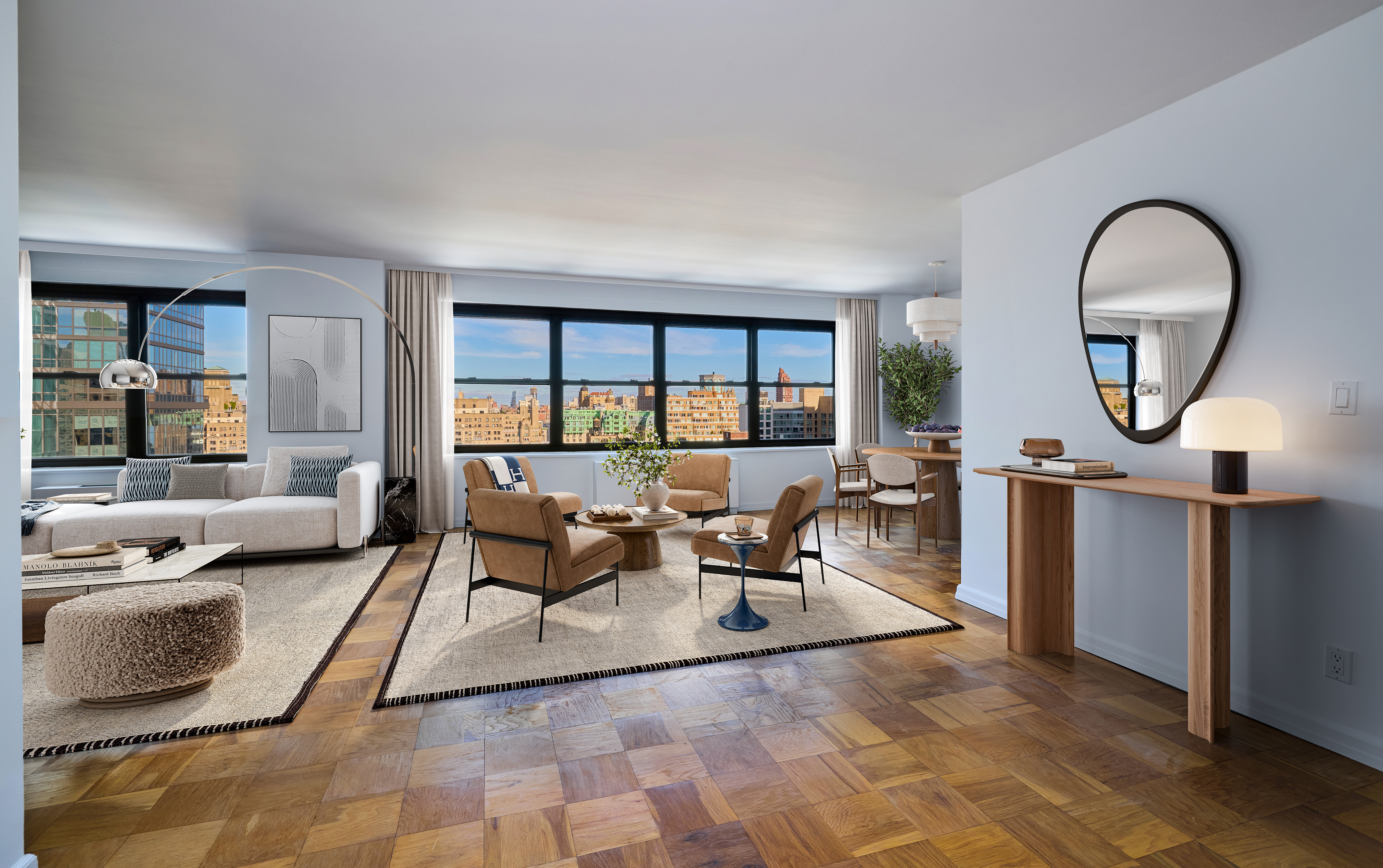 180 West End Avenue, Unit 27A Manhattan, NY 10023 - Photo 9 of 18 a living room with furniture and a floor to ceiling window