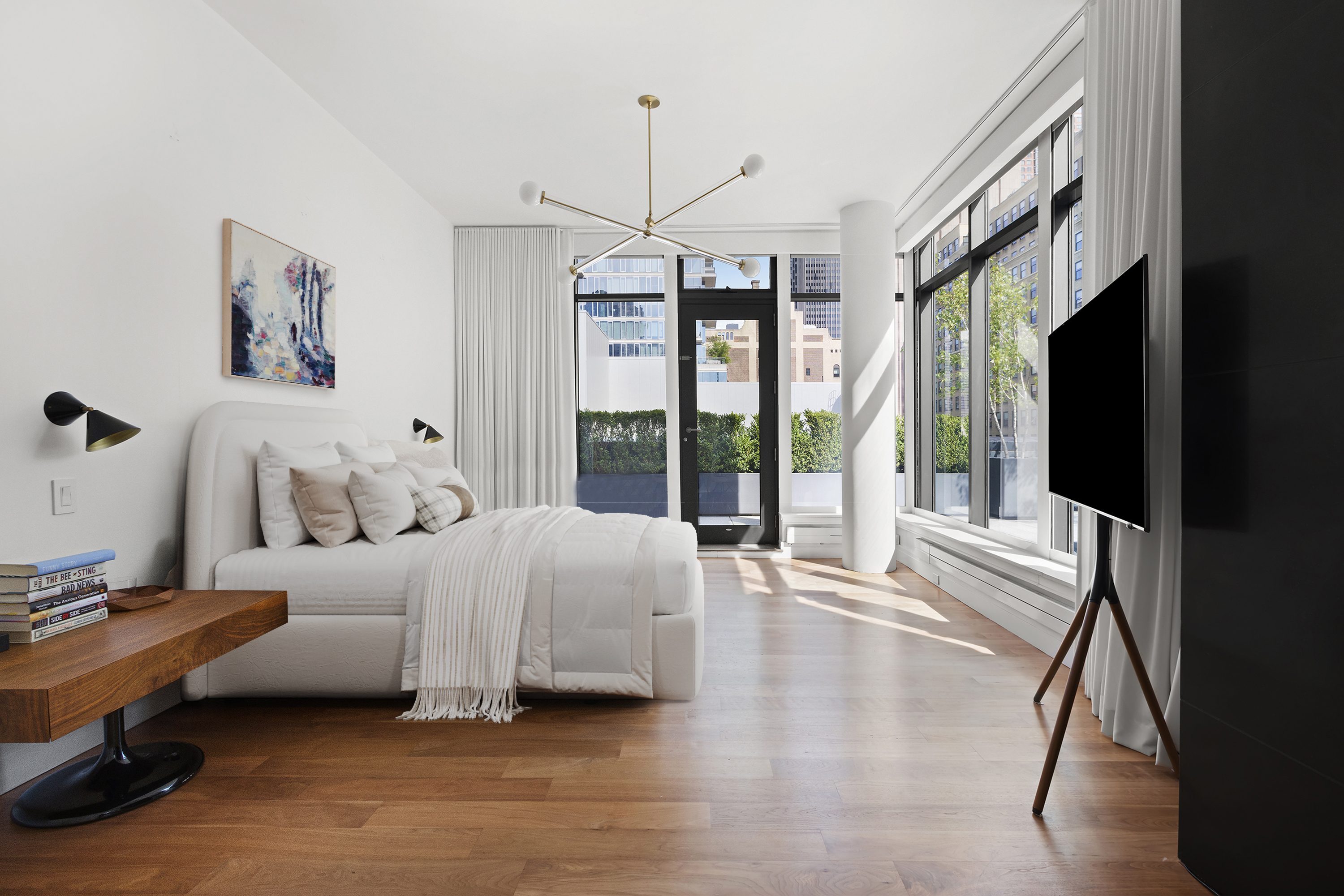 34 Leonard Street, Unit PH Manhattan, NY 10013 - Photo 9 of 30 a living room with furniture a flat screen tv and a large window