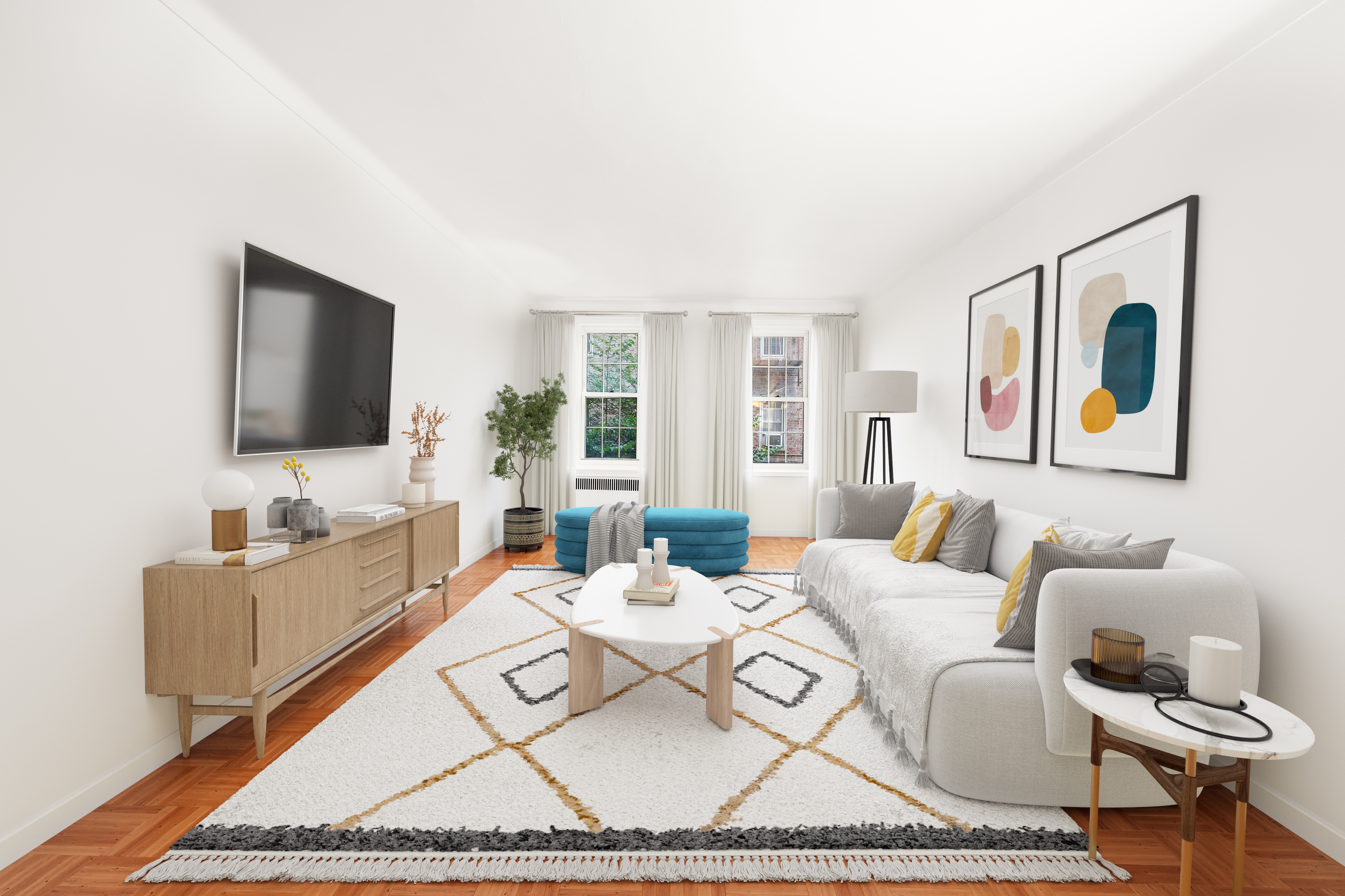 360 Clinton Avenue, Unit 1D Brooklyn, NY 11238 - Photo 1 of 17 a living room with furniture a flat screen tv and a table