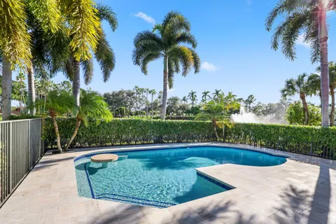 a view of a swimming pool from a garden