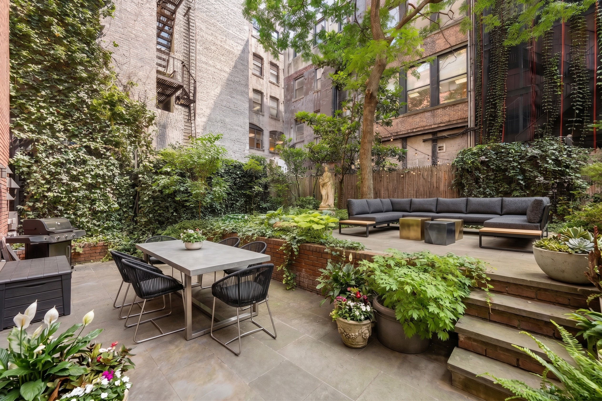 a view of a patio with table and chairs and potted plants