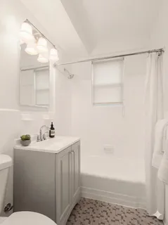 a bathroom with a sink a toilet a shower and a mirror