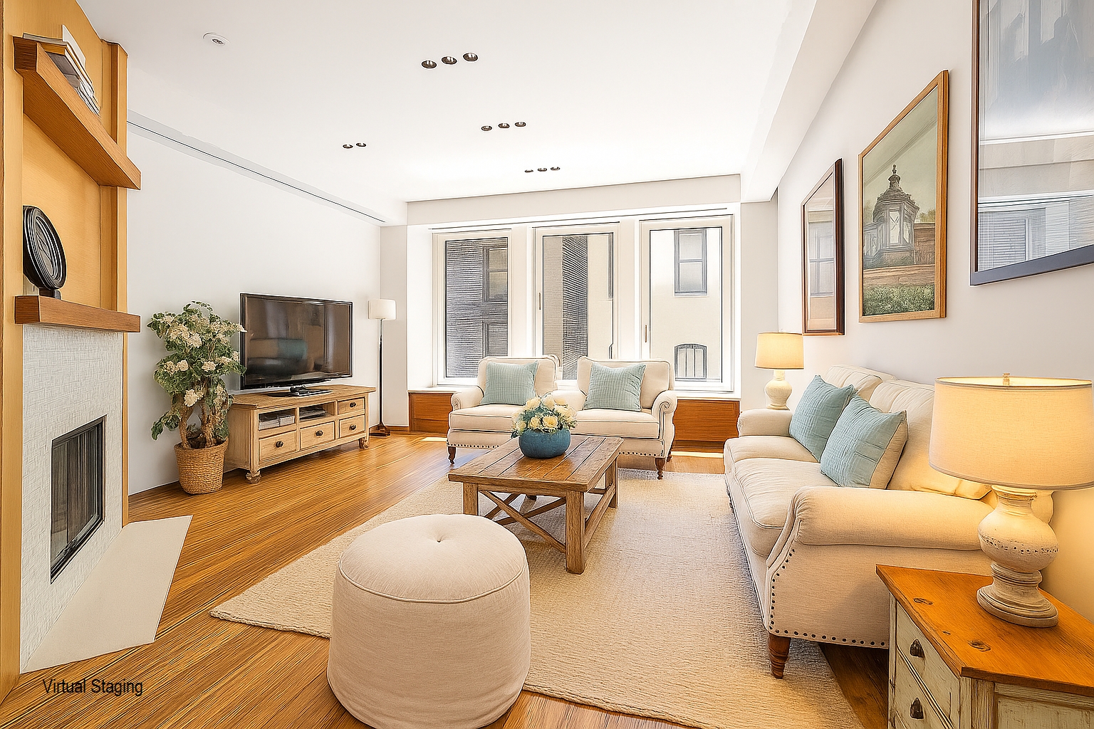 a living room with fireplace furniture and a flat screen tv