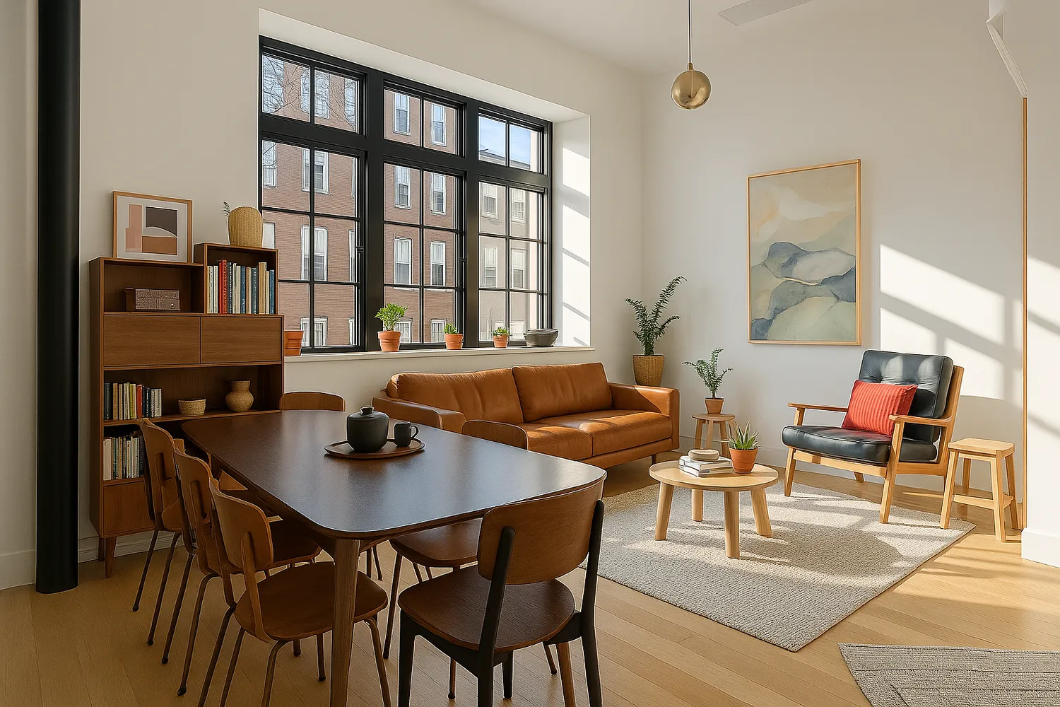 a workspace with furniture and a potted plant