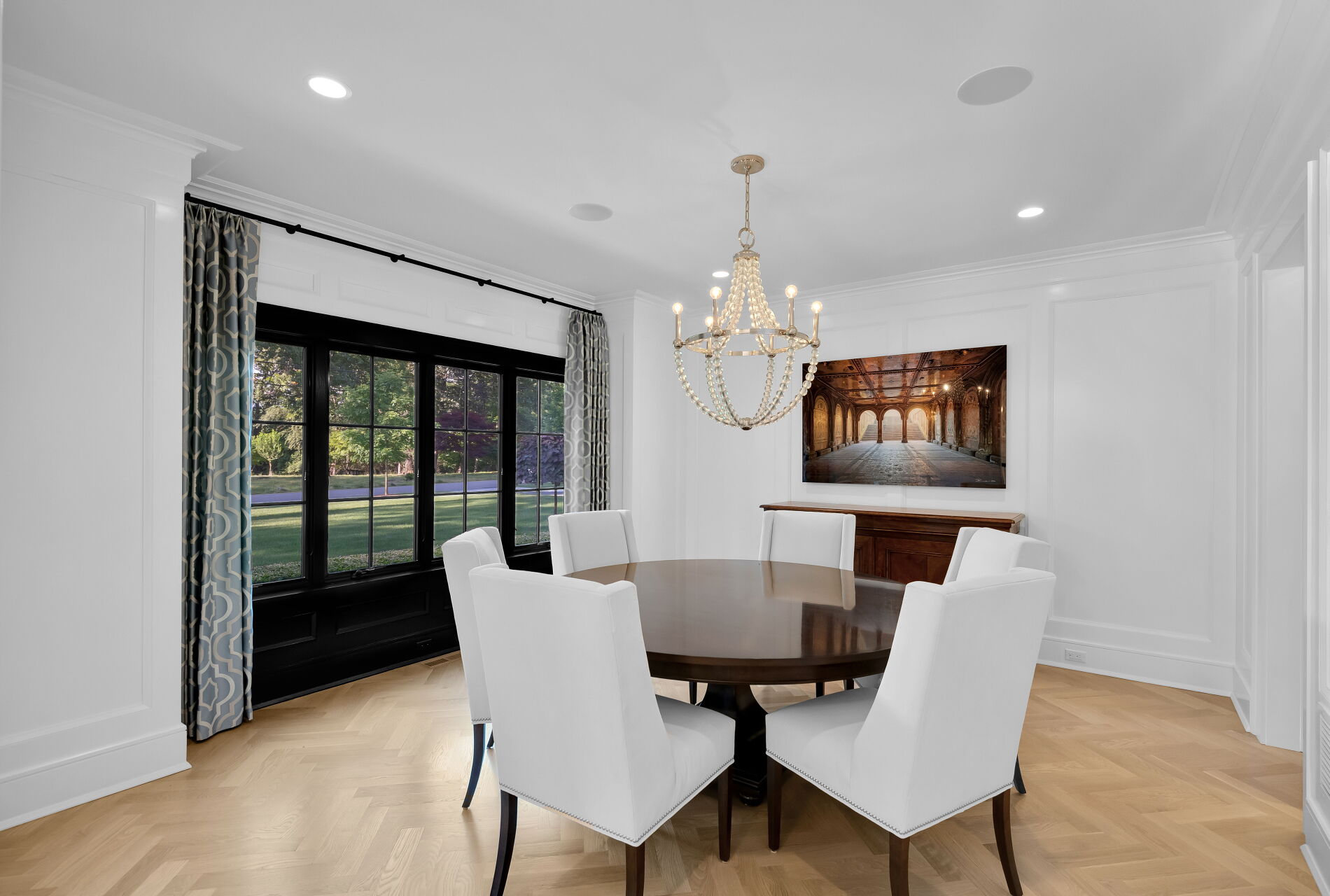 838 Seneca Road Franklin Lakes, NJ 07417 - Photo 13 of 92 a view of a dining room with furniture a chandelier and wooden floor
