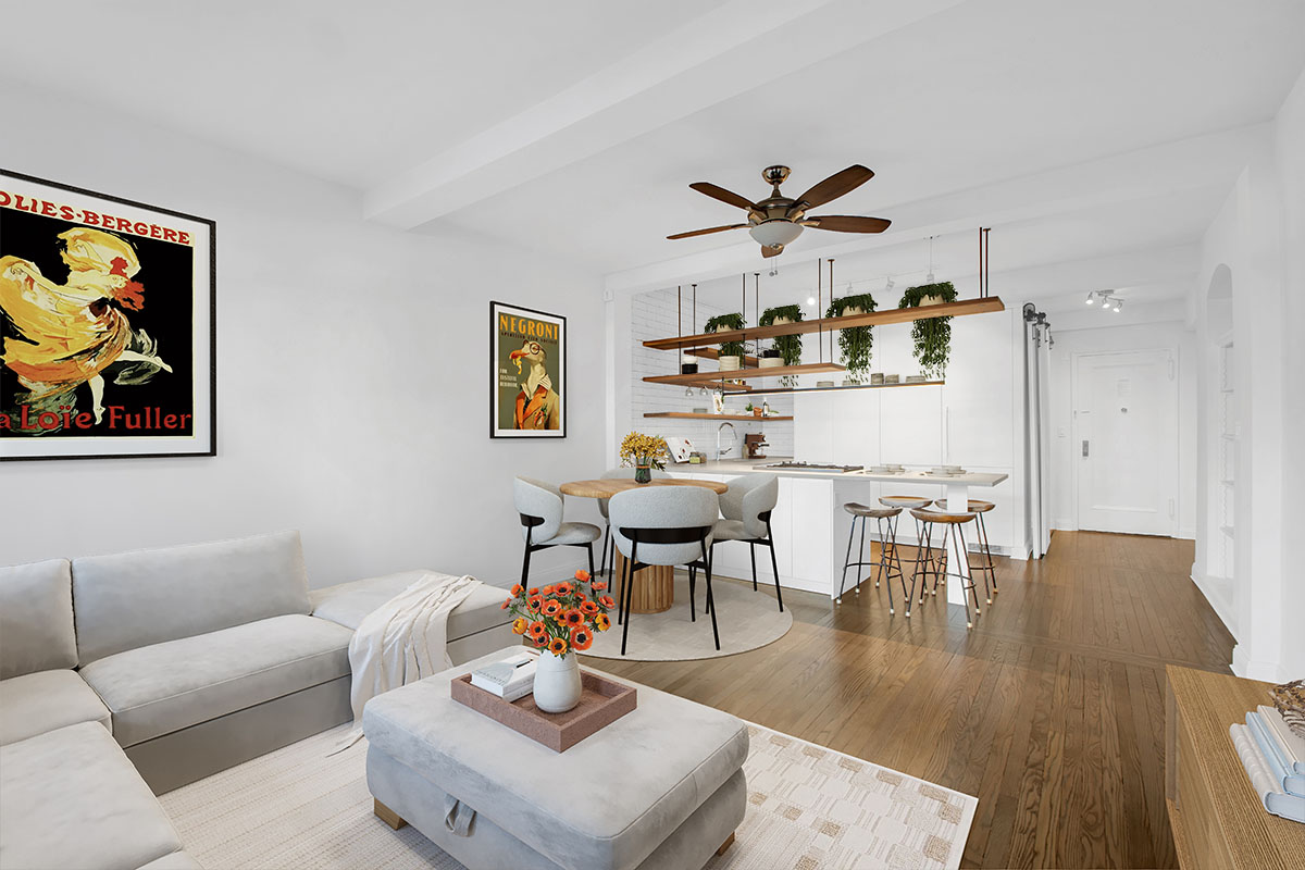410 West 24th Street, Unit 9K Manhattan, NY 10011 - Photo 5 of 14 a living room with furniture and kitchen view