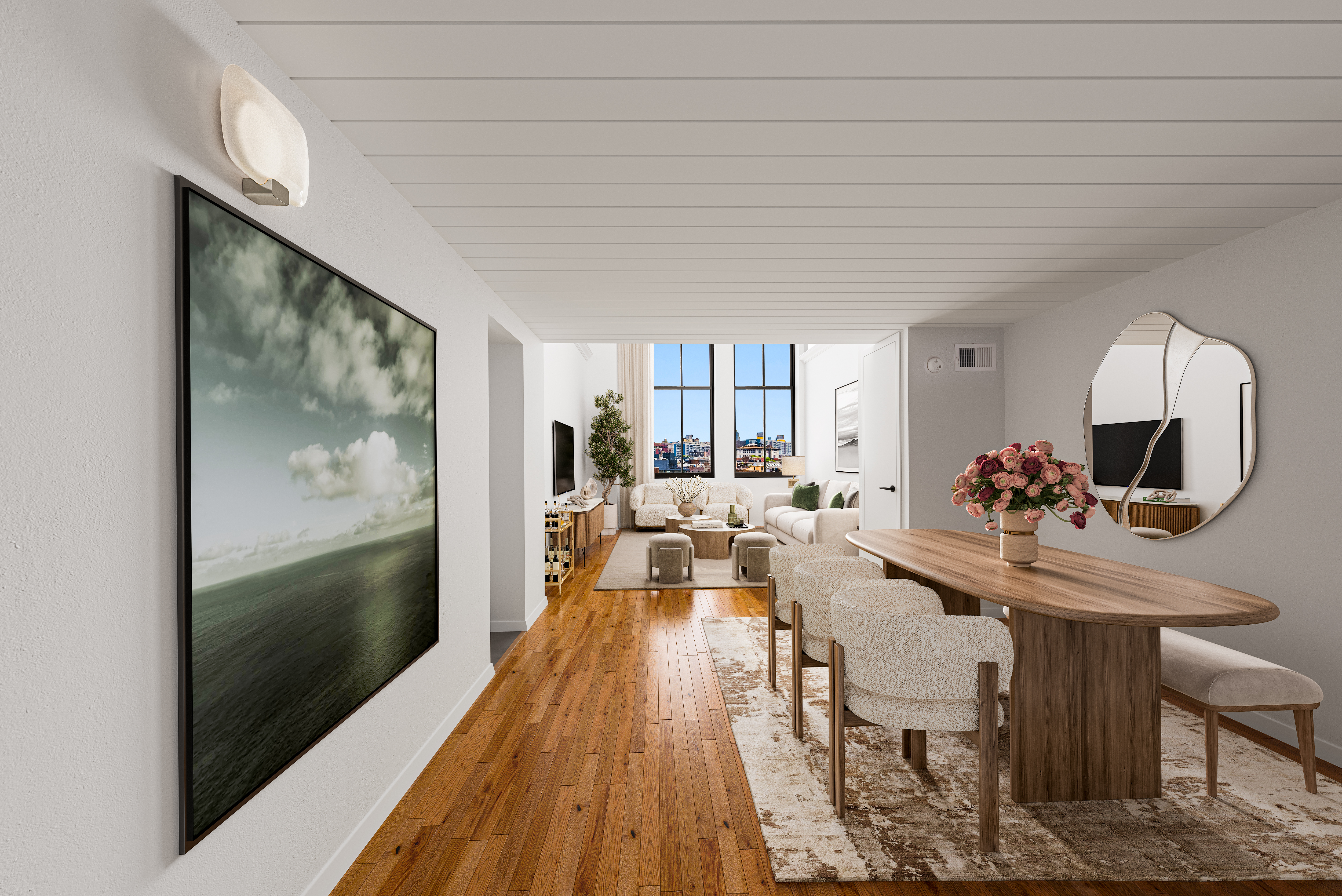 421 Hudson Street, Unit 504 Manhattan, NY 10014 - Photo 5 of 13 a view of a dining room with furniture one side kitchen view and wooden floor