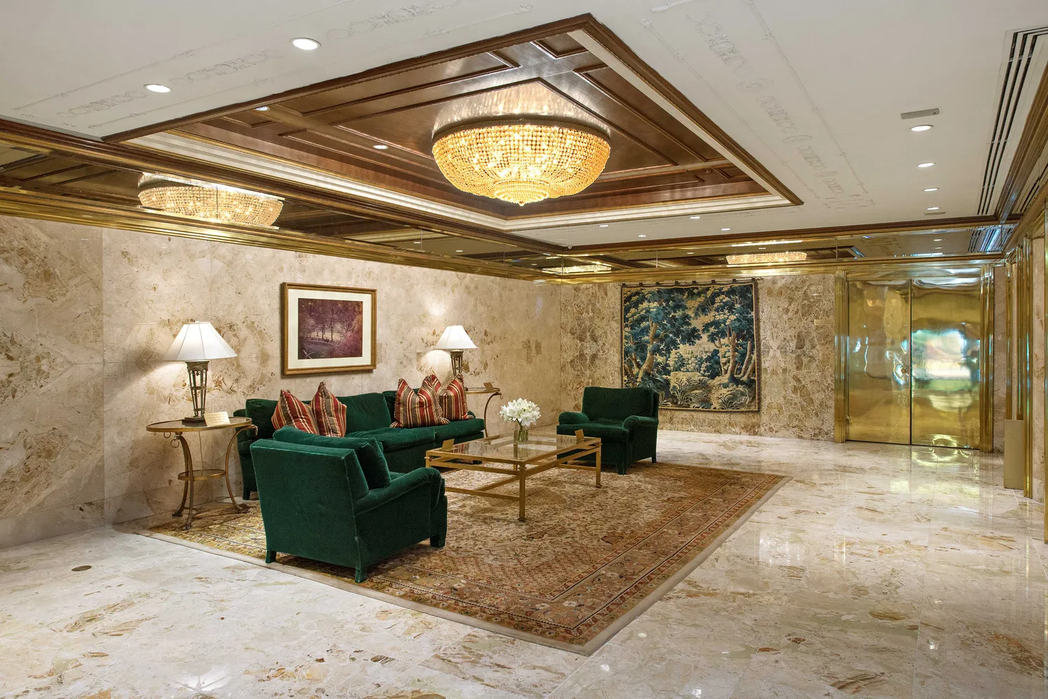 a living room with furniture a lamp and a clock