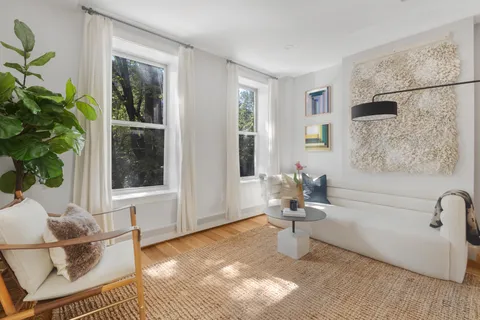 a living room with furniture and a potted plant