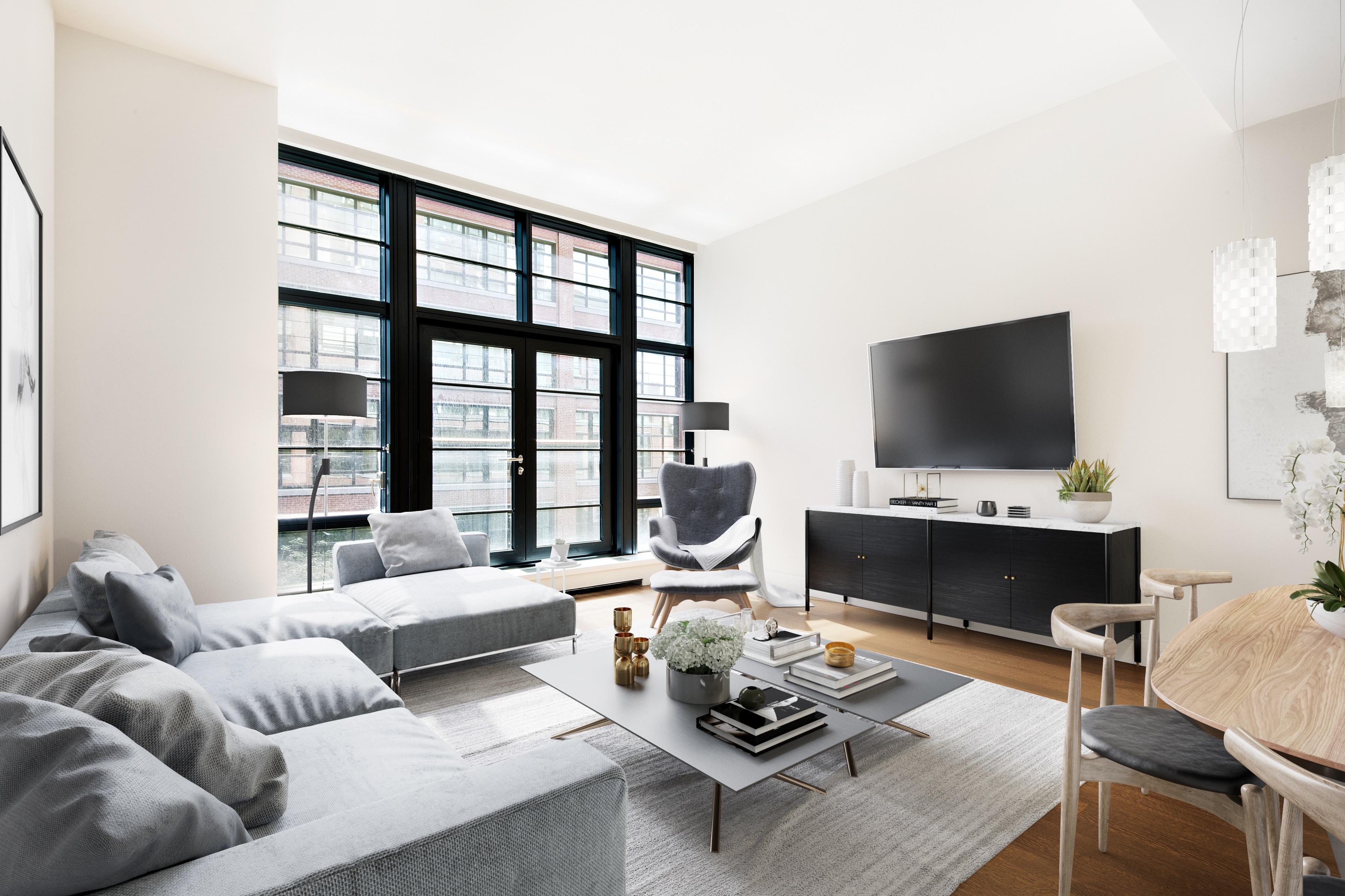 150 Charles Street, Unit 3BN Manhattan, NY 10014 - Photo 2 of 12 a living room with furniture and a flat screen tv