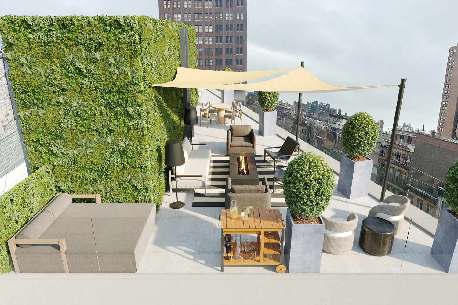 a view of a patio with couches table and chairs under an umbrella