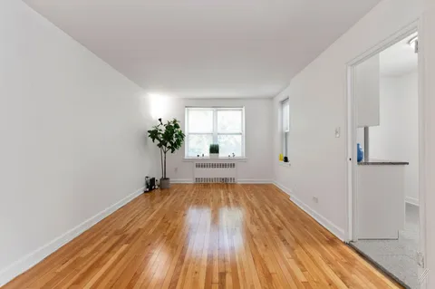 a view of a big room with wooden floor and windows