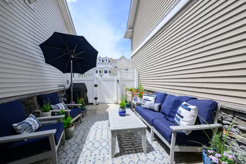 a view of a patio with couches and a potted plant