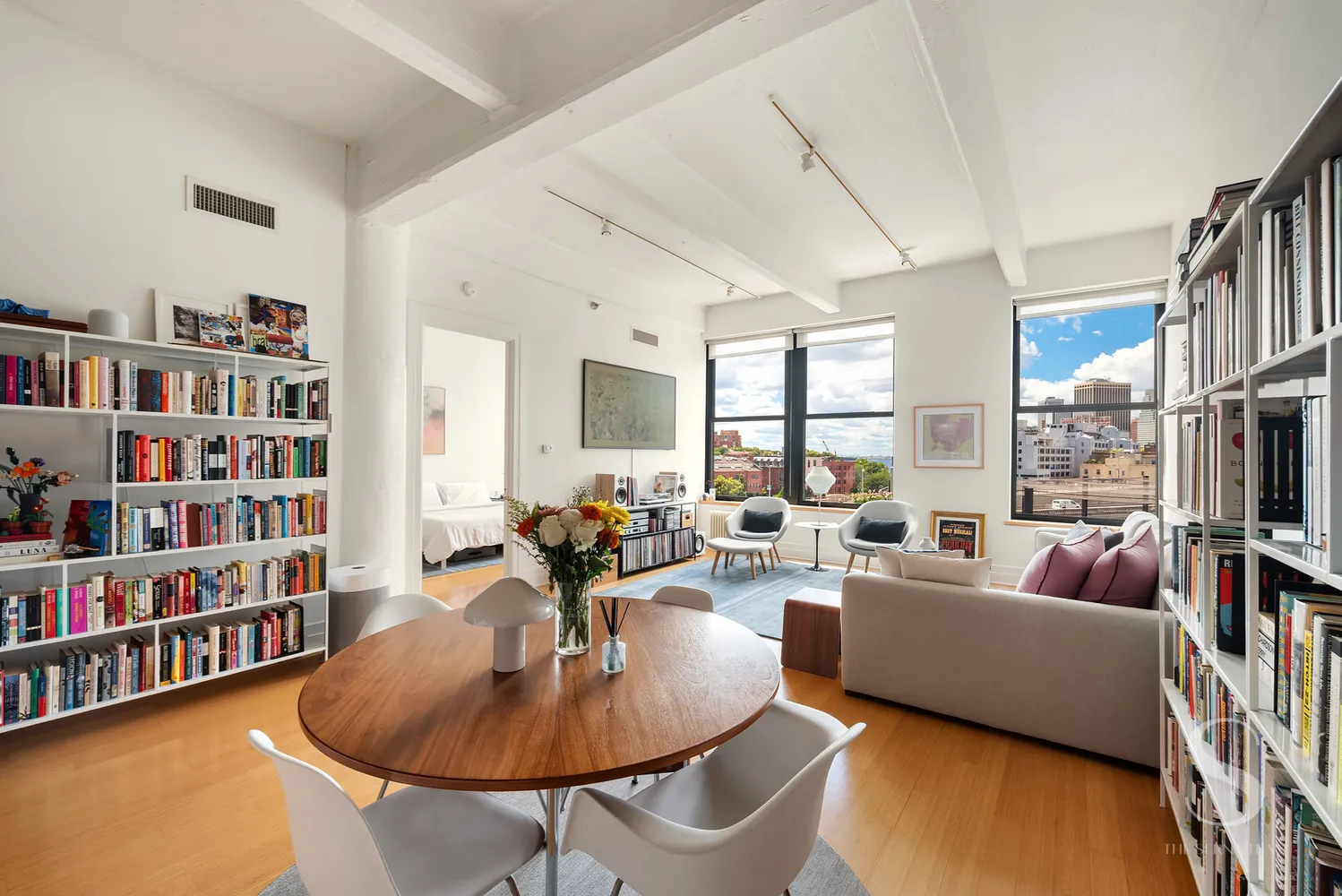 a living room with furniture and a book shelf