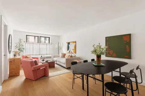 a living room with furniture potted plant and a window