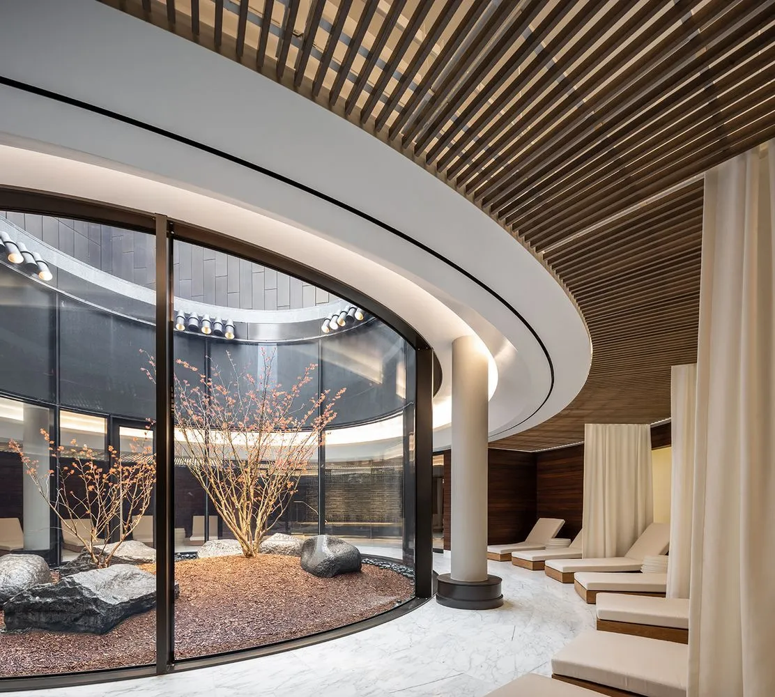 a view of lobby with mirror