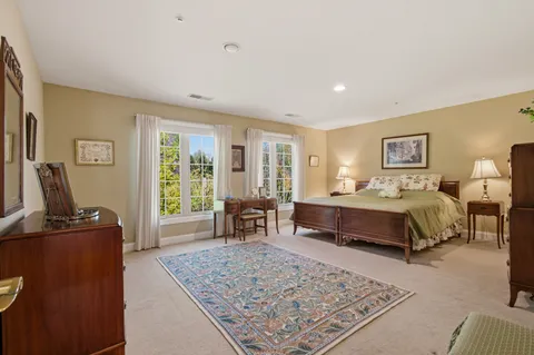 a bedroom with a bed and a dresser with rug
