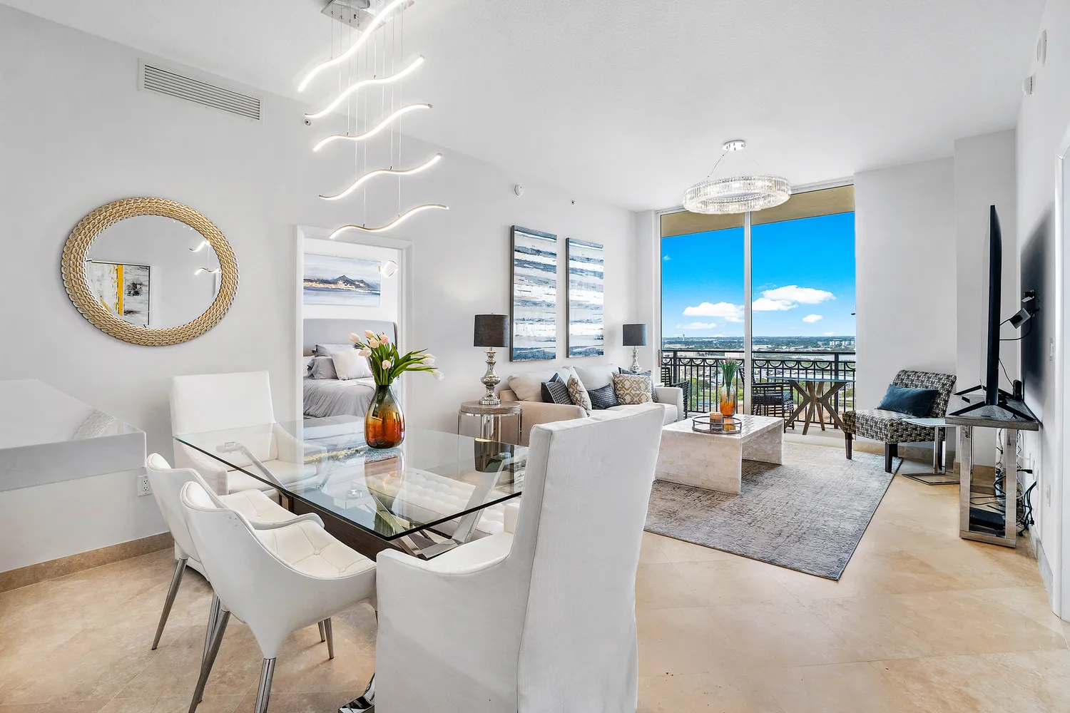 a view of a dining room with furniture