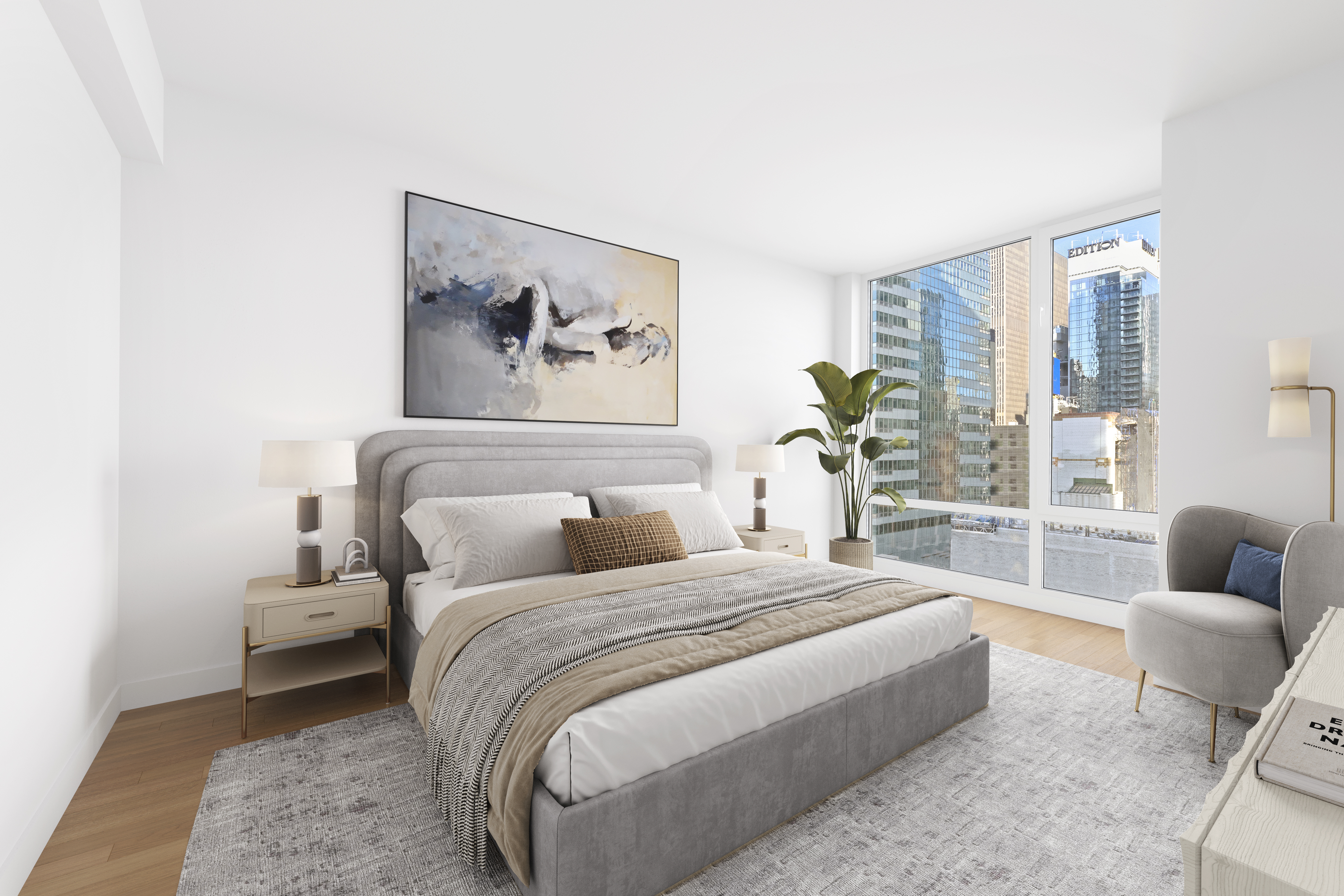 247 West 46th Street, Unit 2305 Manhattan, NY 10036 - Photo 6 of 13 a spacious bedroom with a bed and glass window