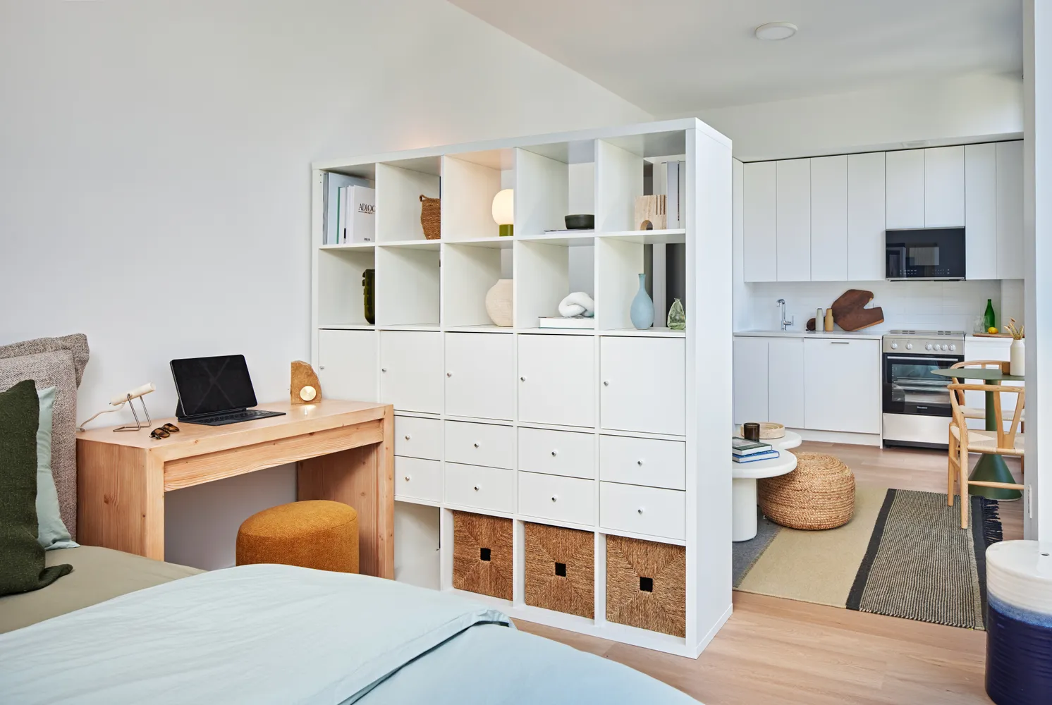 a room with a cabinets and wooden floor