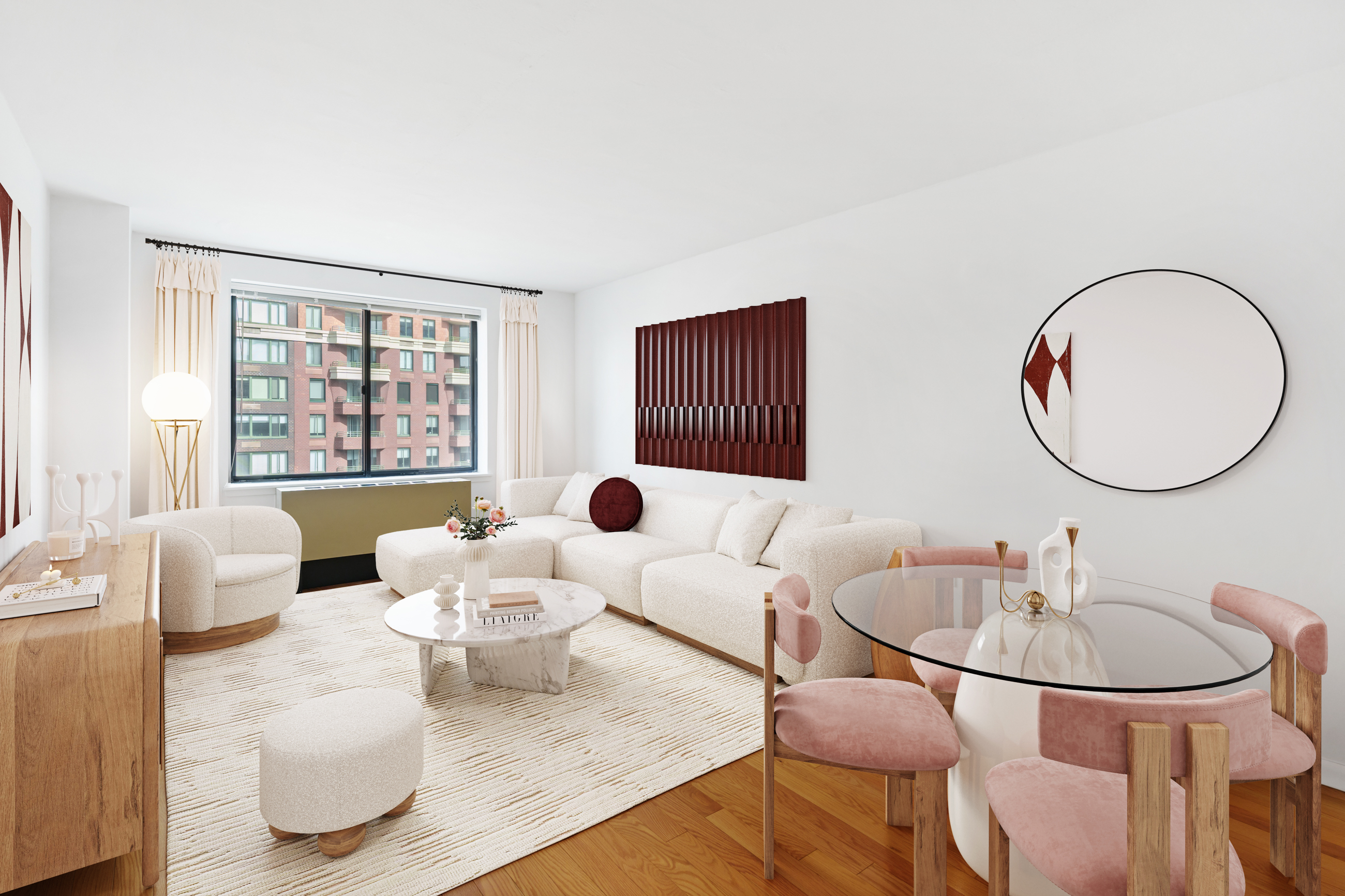 a living room with furniture a window and a table