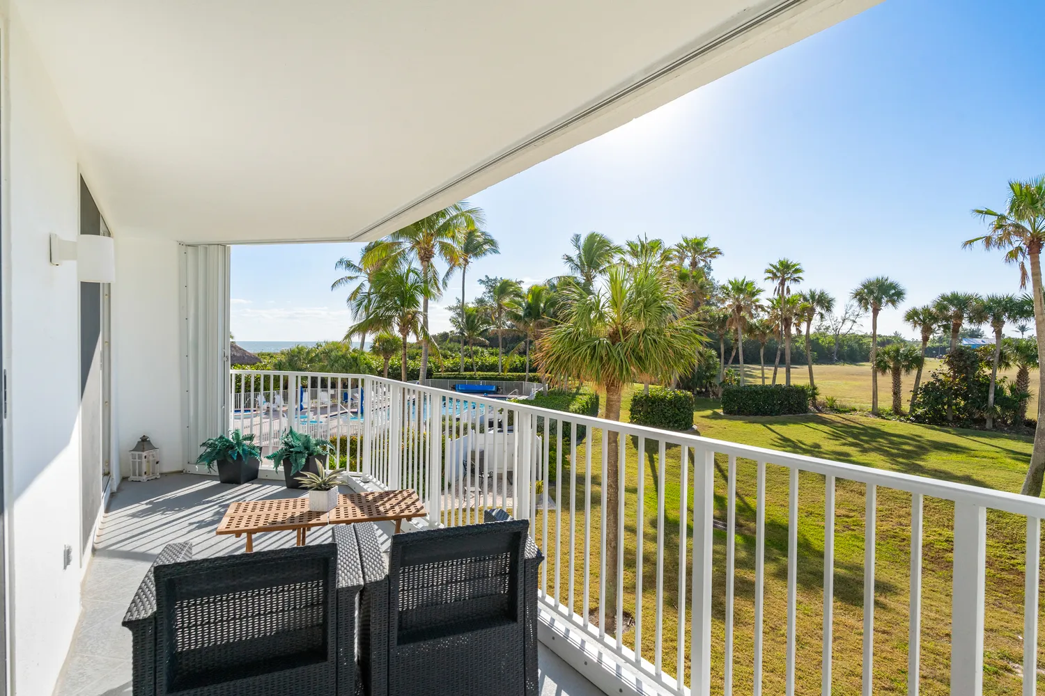 a balcony with furniture