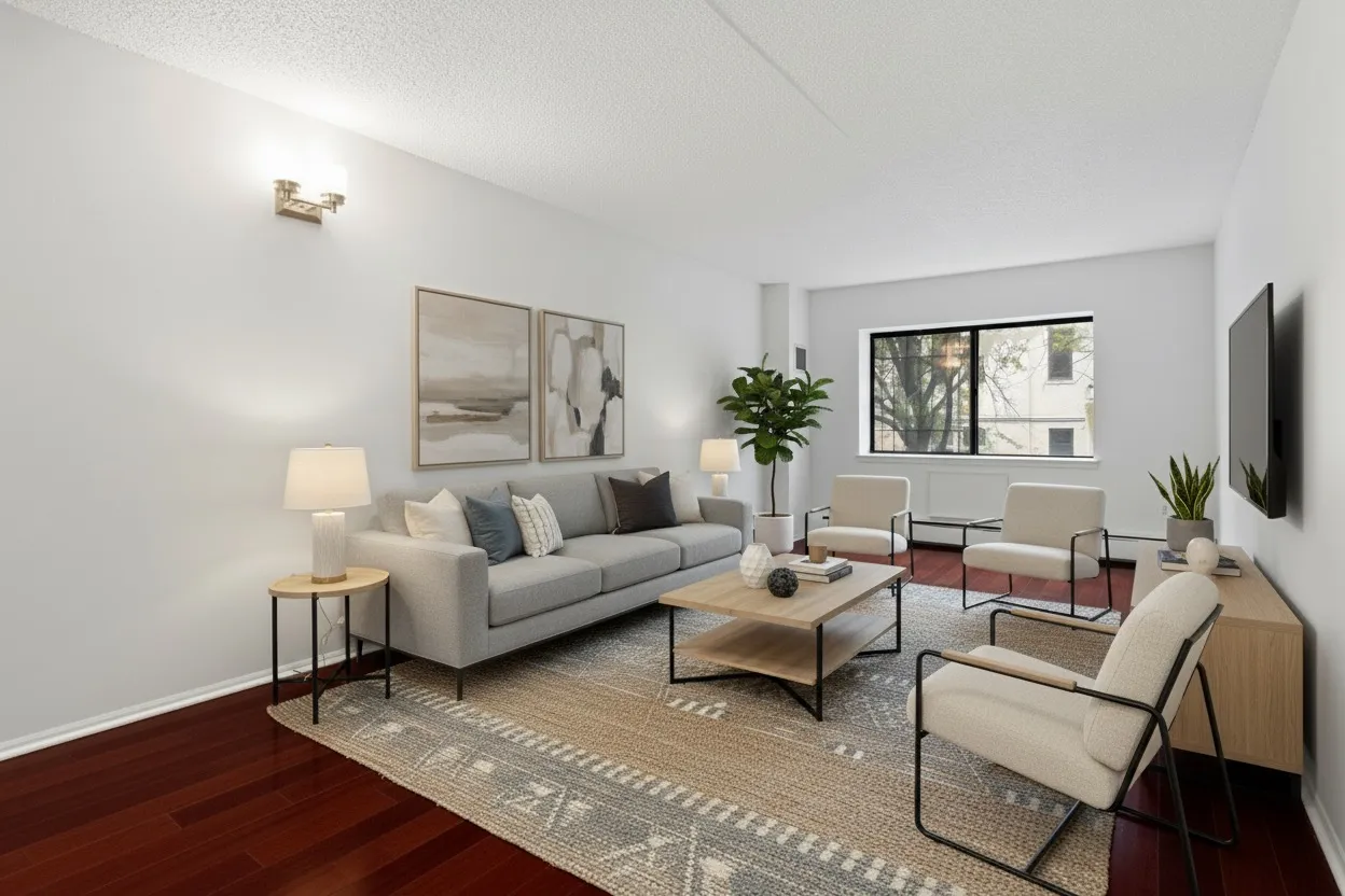 a living room with furniture a flat screen tv and a window