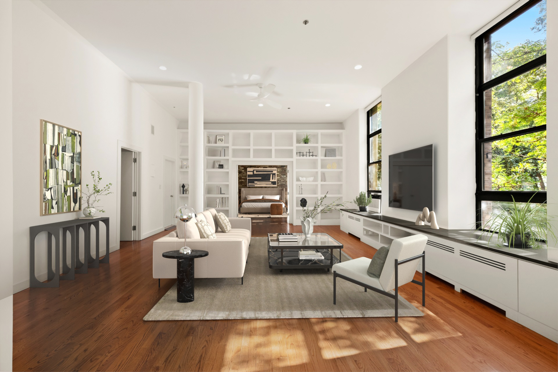 a living room with fireplace furniture and a flat screen tv