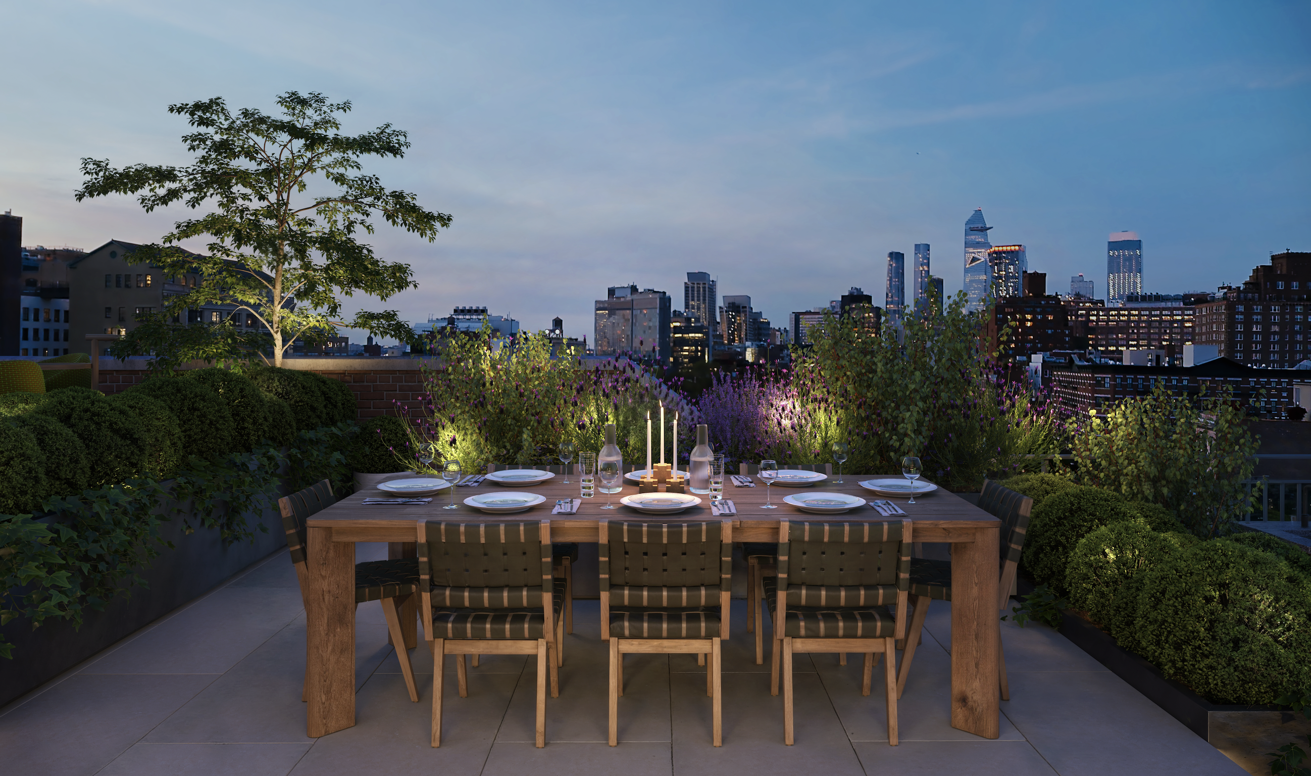 125 Perry Street, Unit PHE Manhattan, NY 10014 - Photo 11 of 17 a patio with a table and chairs and potted plants