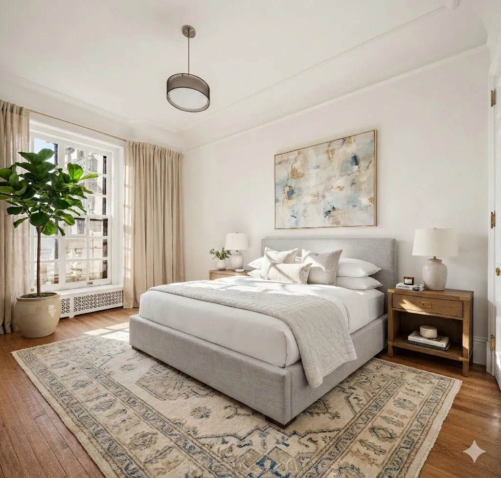 a bedroom with a large bed and a window