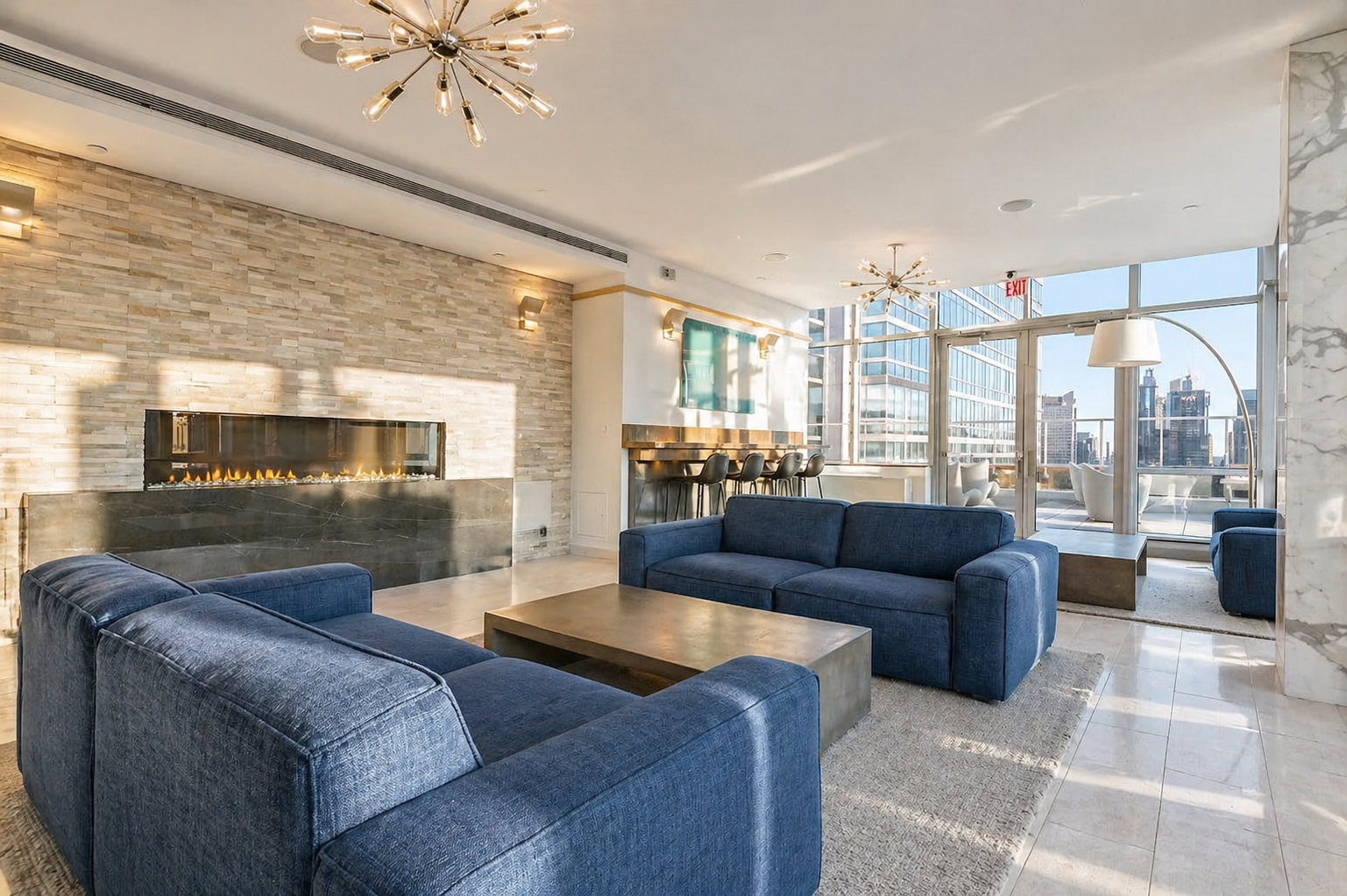 635 West 42nd Street, Unit 23E Manhattan, NY 10036 - Photo 15 of 26 a living room with furniture and a large window