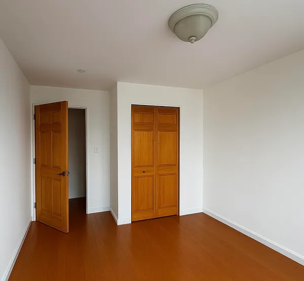 an empty room with closet and windows