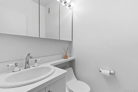 a bathroom with a sink a toilet and mirror