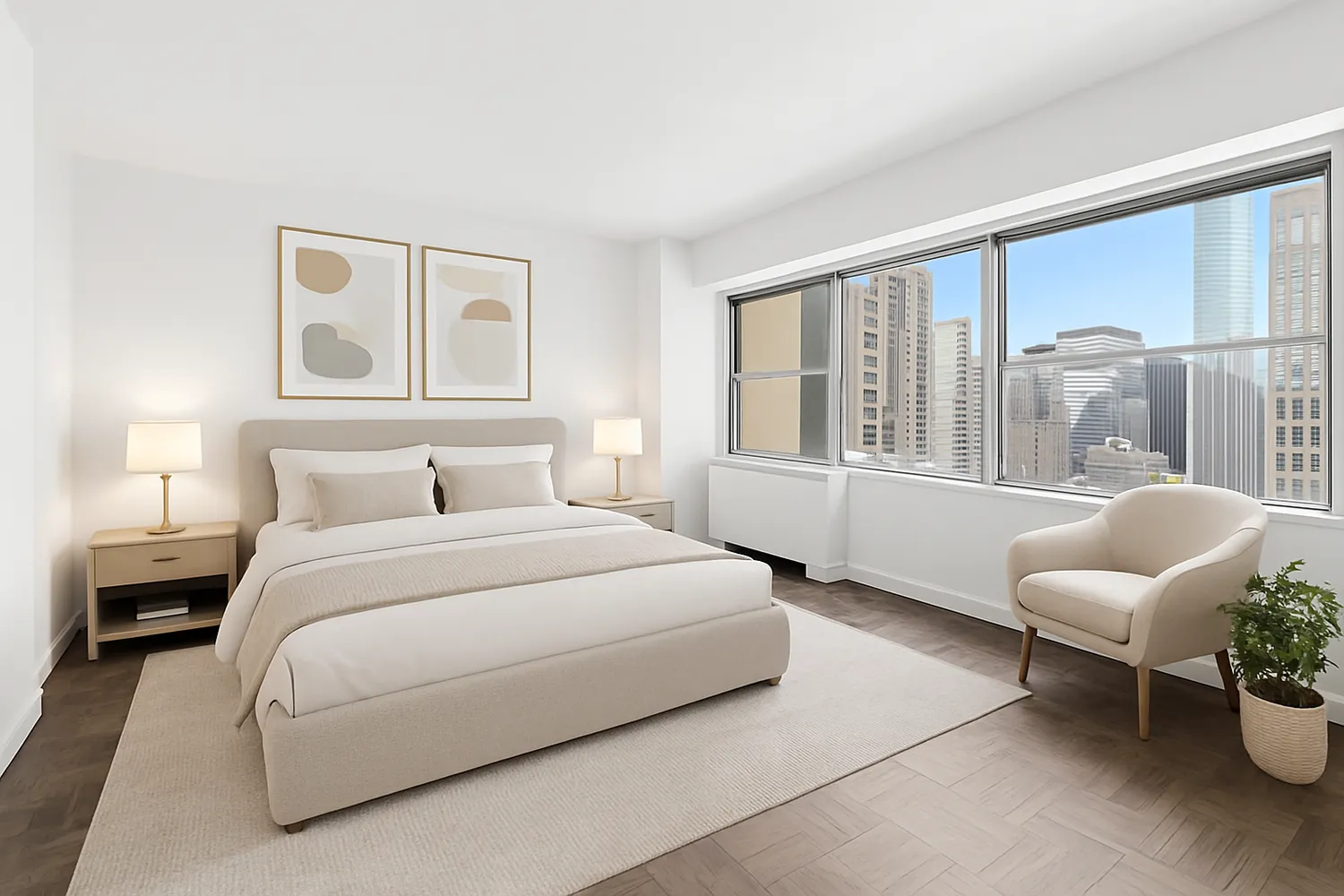 a bedroom with a bed and a large window