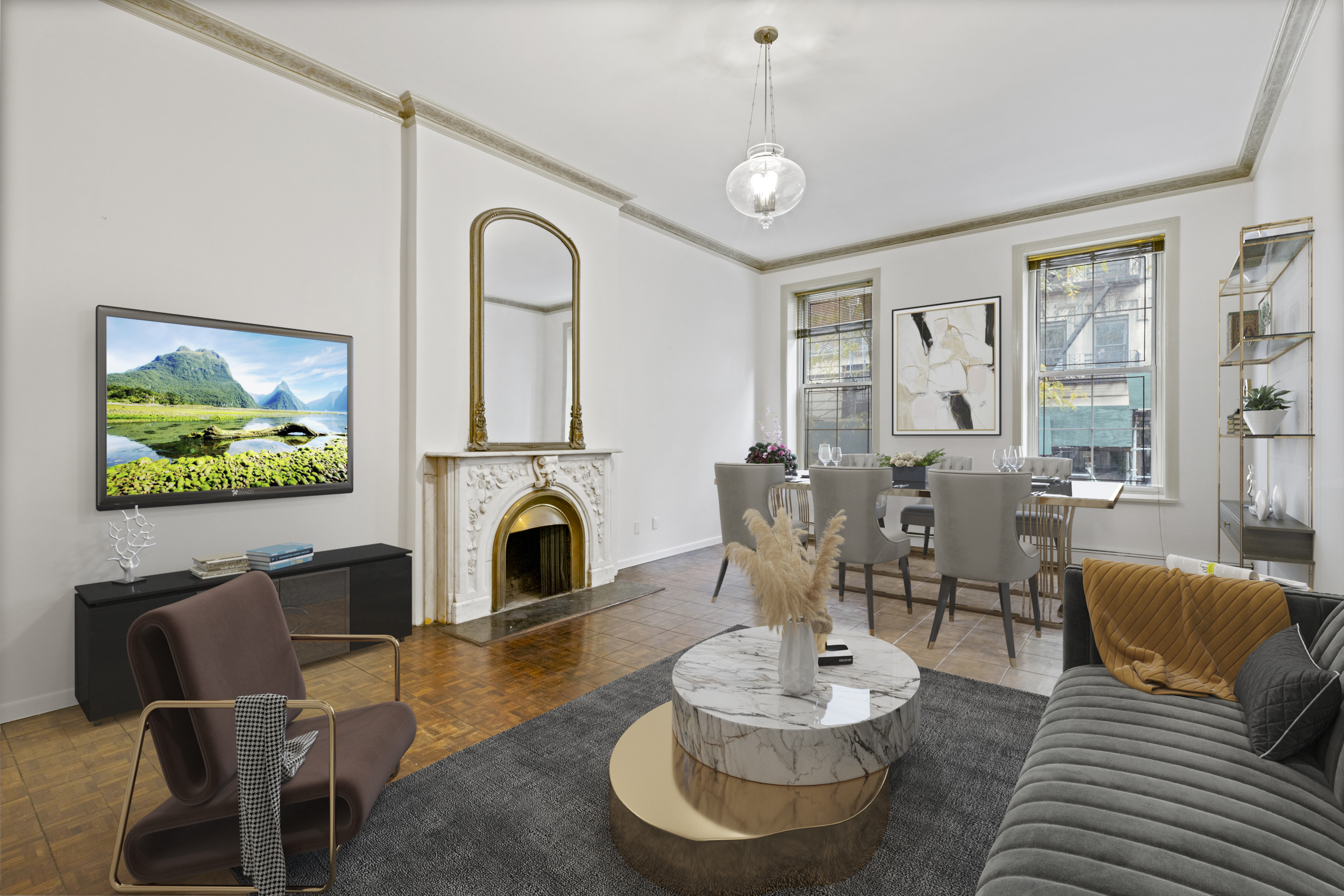 136 East 30th Street, Unit DUPLEX Manhattan, NY 10016 - Photo 1 of 26 a living room with fireplace furniture and a flat screen tv