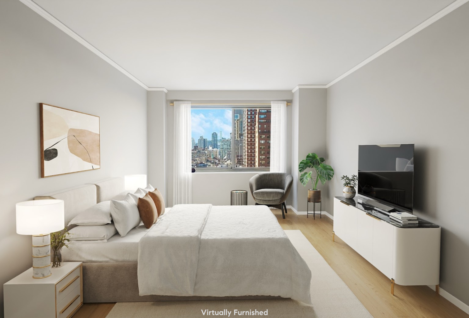 401 East 86th Street, Unit 15C Manhattan, NY 10028 - Photo 7 of 14 a bedroom with a bed and a flat screen tv