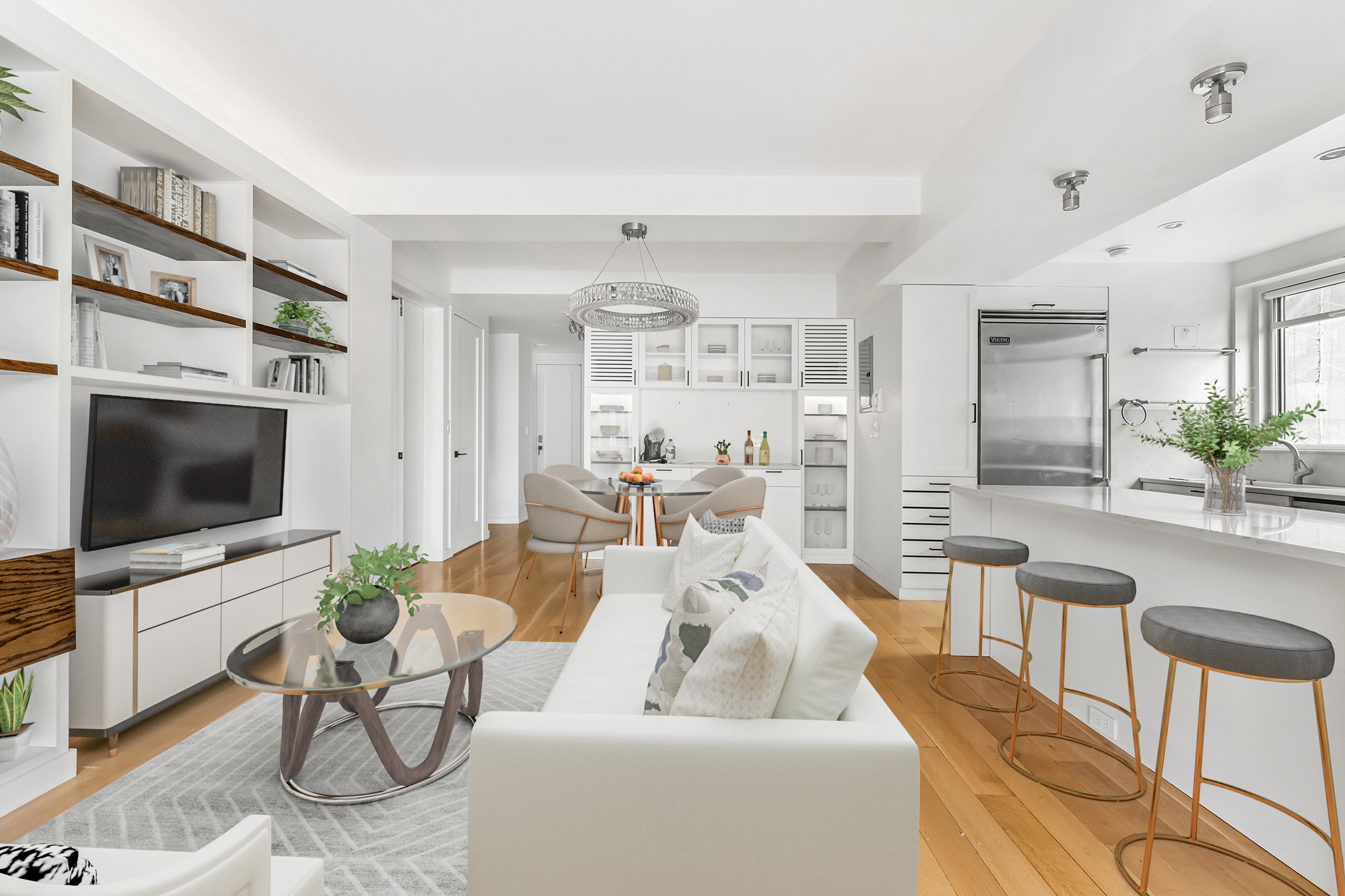 20 East 68th Street, Unit 11C Manhattan, NY 10065 - Photo 2 of 11 a living room with furniture a flat screen tv and kitchen view