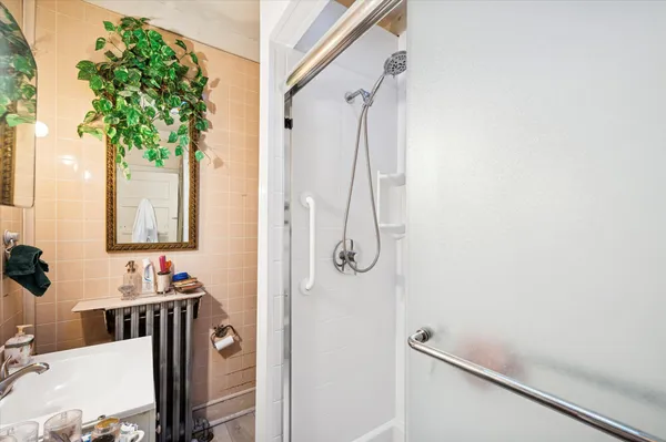 a bathroom with a granite countertop shower a sink and a mirror