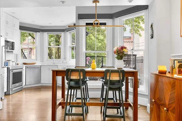 a view of a dining room with furniture window and wooden floor