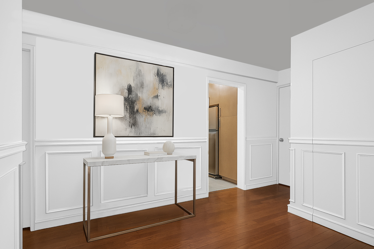30 East 9th Street, Unit 2II Manhattan, NY 10003 - Photo 5 of 10 a view of a hallway with wooden floor and cabinet