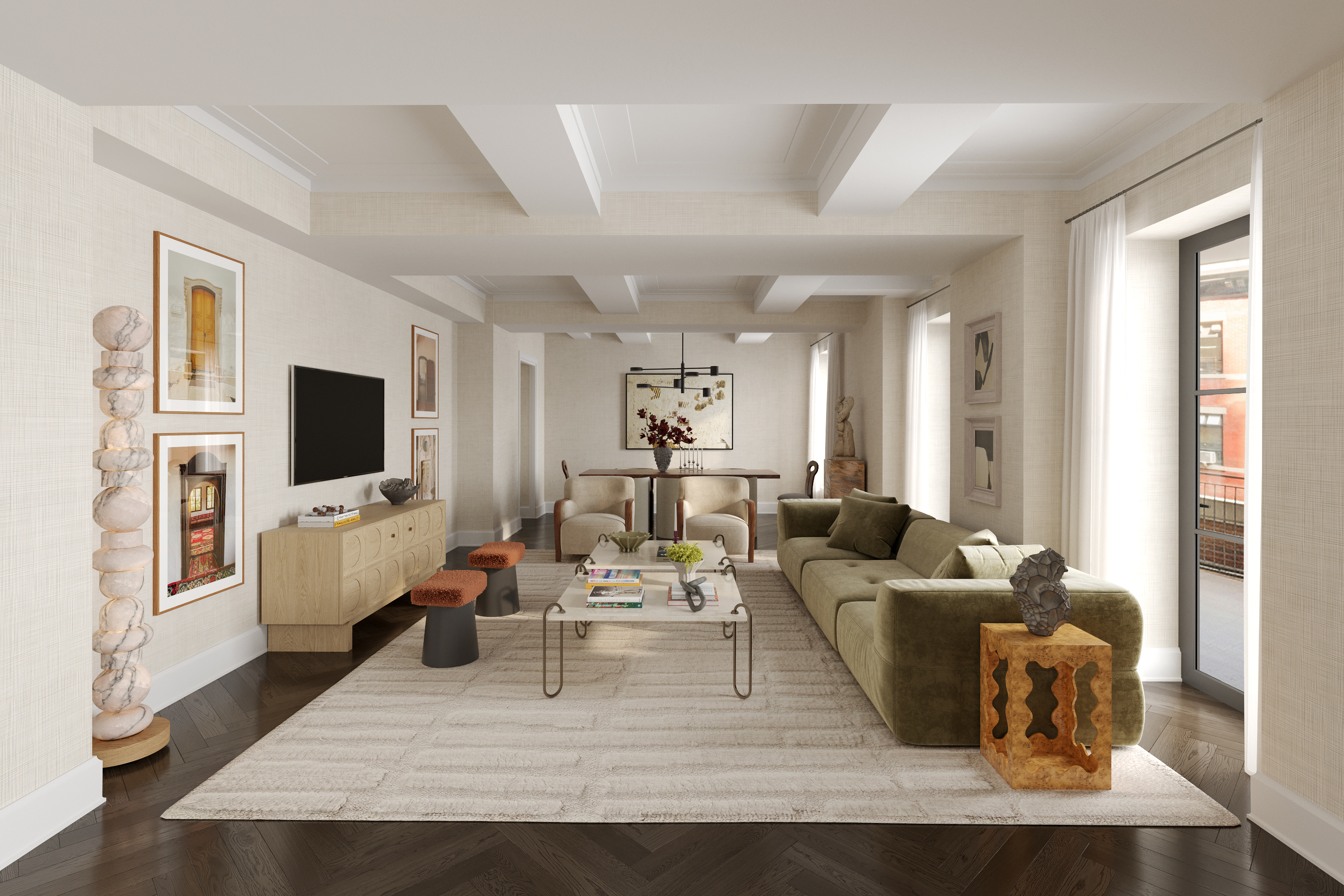 150 West 12th Street, Unit 3W Manhattan, NY 10011 - Photo 18 of 27 a living room with furniture wooden floor and a flat screen tv