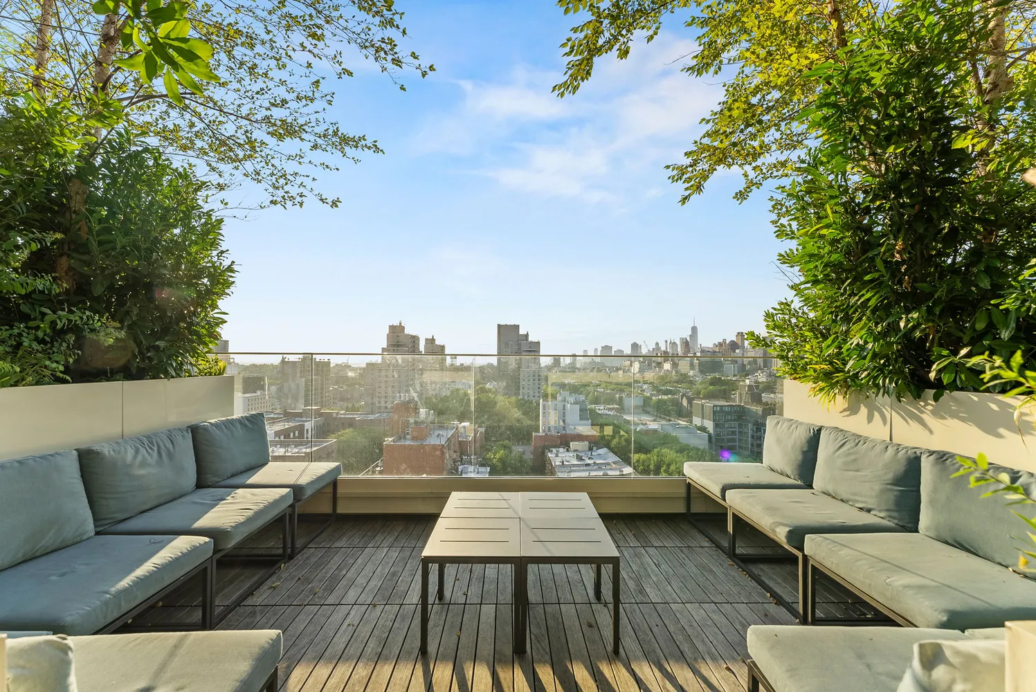 a view of a terrace with couches and a potted plant on a table