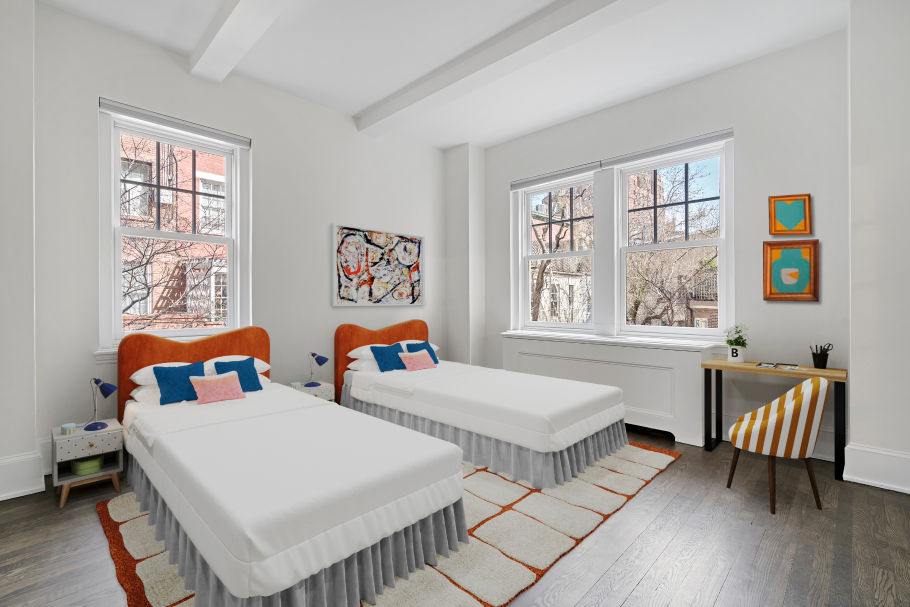 299 West 12th Street, Unit 3JH Manhattan, NY 10014 - Photo 6 of 15 a bedroom with two beds and a dresser next to a window