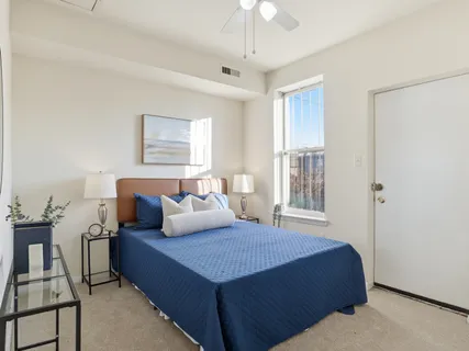 a bedroom with a large bed and a window