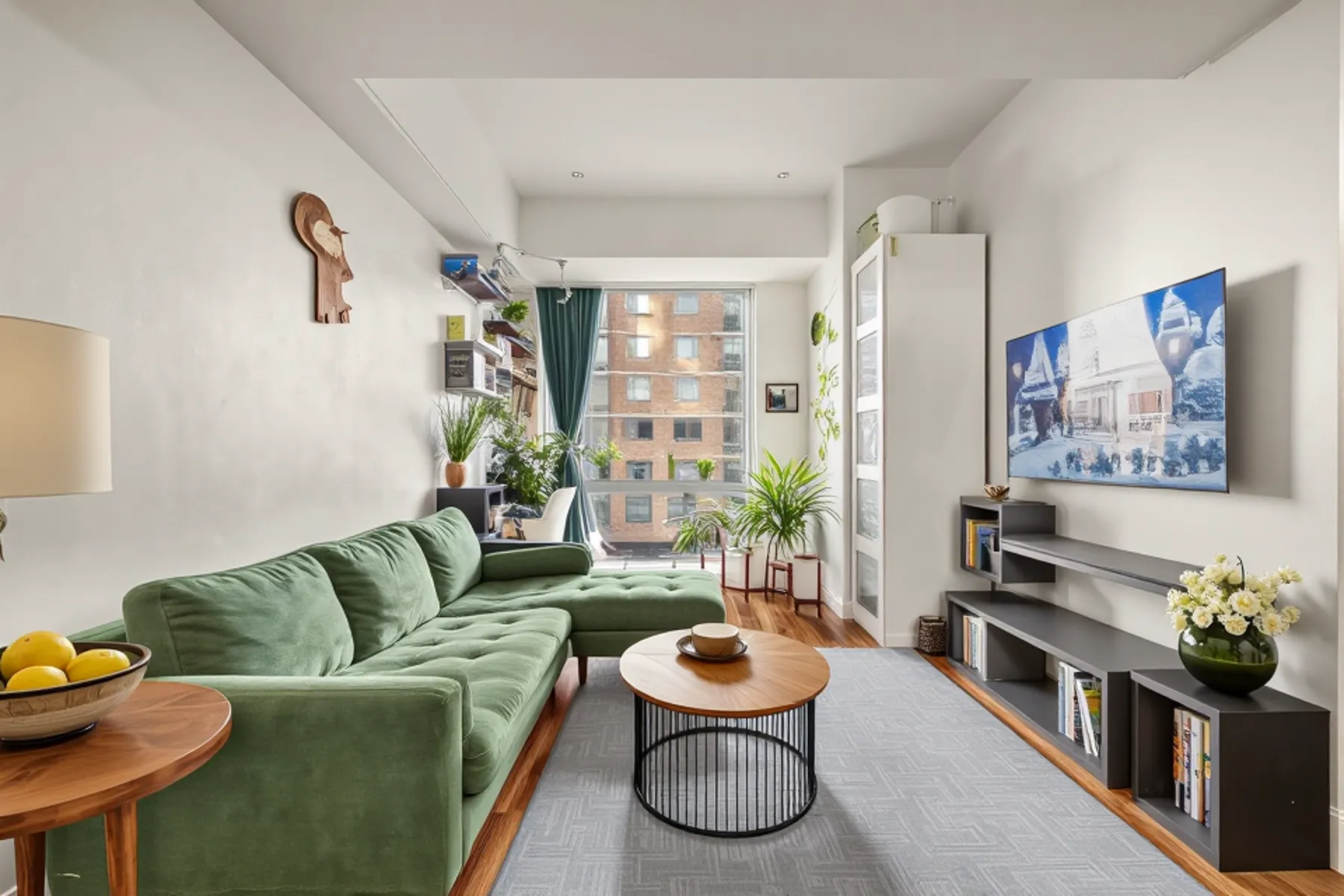 a living room with furniture and a table