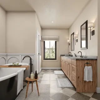 a bathroom with a sink double vanity and a mirror