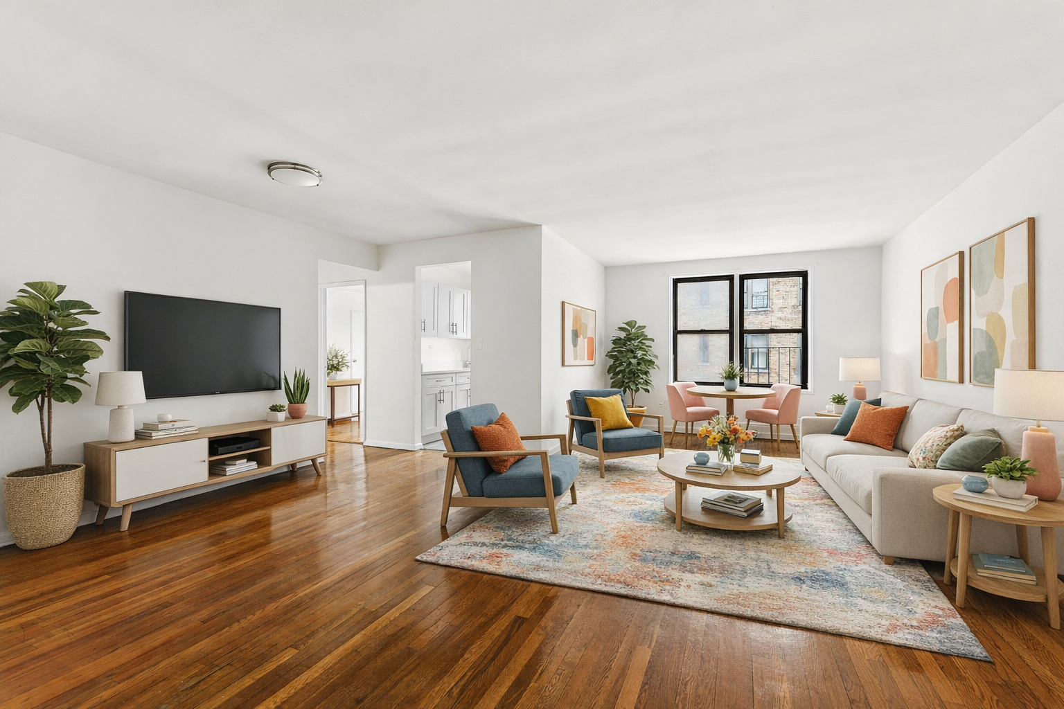 6645 Broadway, Unit 7E Bronx, NY 10471 - Photo 1 of 11 a living room with furniture and a flat screen tv