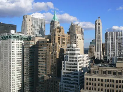 a city view with tall buildings